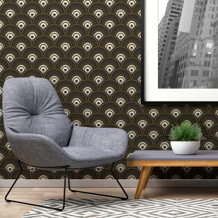 Tapet geometric elegant, Noir et Doré, cu un design inspirat de arta Art Deco.