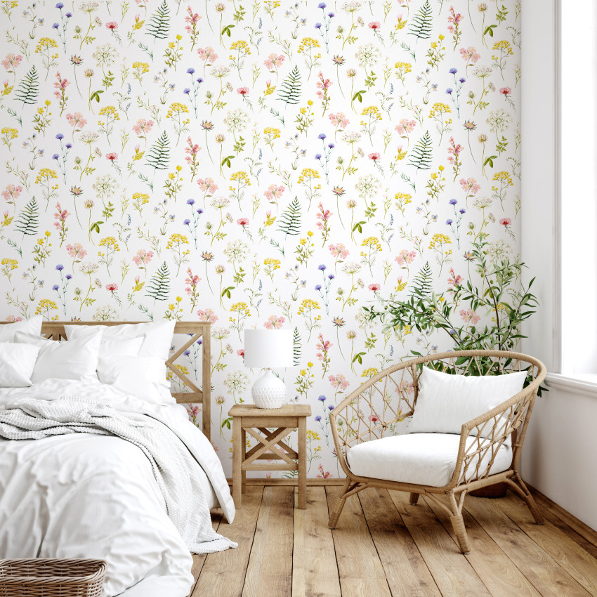 Tapet floral alb cu un model delicat de flori și frunze, perfect pentru un living, dormitor sau birou.