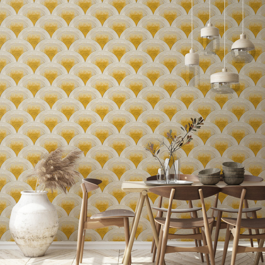 Tapet Mosaïc Galben, 5.3mp / rola, cu model geometric în nuanțe de galben, pentru a crea o atmosferă modernă și sofisticată.