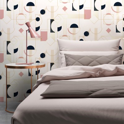 Tapet Daisy, Rose Doré, cu model geometric modern,  în nuanțe de roz pal și bleumarin cu accente aurii.