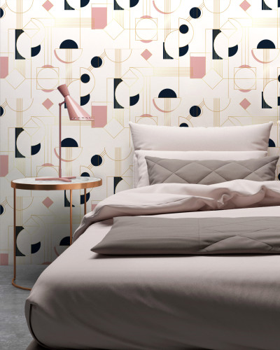Tapet Daisy, Rose Doré, cu model geometric modern,  în nuanțe de roz pal și bleumarin cu accente aurii.