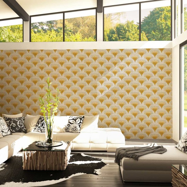 Tapet Mosaïc Galben, 5.3mp / rola, cu model geometric în nuanțe de galben, pentru a crea o atmosferă modernă și sofisticată.