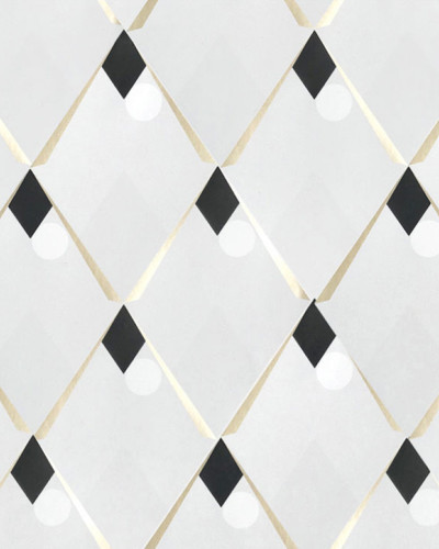 Tapet geometric cu model Arlequin, Cendre Doré, cu accente de aur pe fond alb.