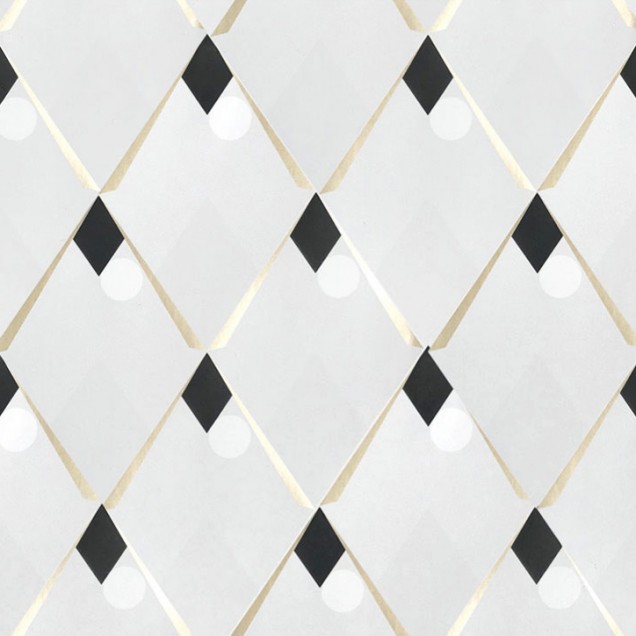 Tapet geometric cu model Arlequin, Cendre Doré, cu accente de aur pe fond alb.