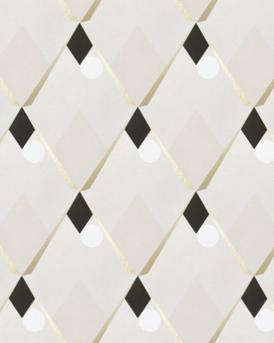 Tapet geometric modern cu romburi și linii aurii pe un fundal crem. Designul se potrivește perfect pentru un living, dormitor sau birou.