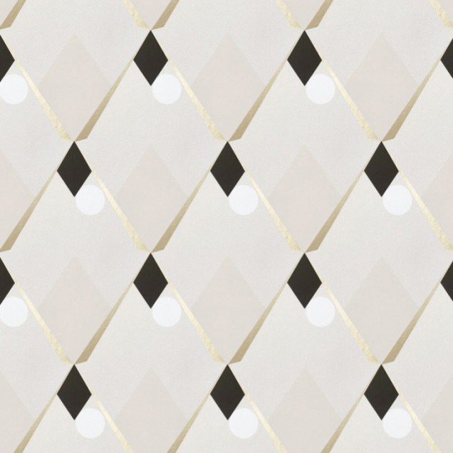 Tapet geometric modern cu romburi și linii aurii pe un fundal crem. Designul se potrivește perfect pentru un living, dormitor sau birou.