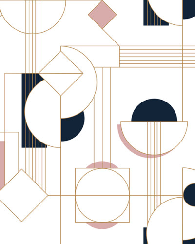 Tapet Daisy, Rose Doré, cu model geometric modern,  în nuanțe de roz pal și bleumarin cu accente aurii.