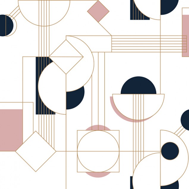 Tapet Daisy, Rose Doré, cu model geometric modern,  în nuanțe de roz pal și bleumarin cu accente aurii.