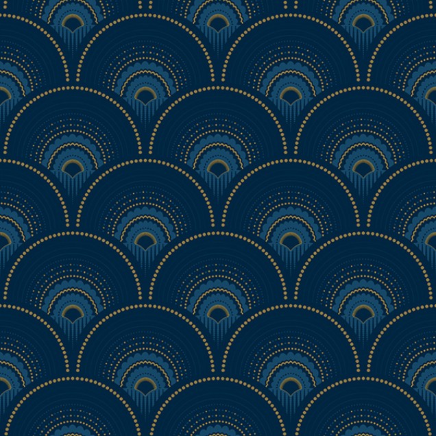 Tapet cu model geometric Art Deco in nuante de albastru cobalt si aur