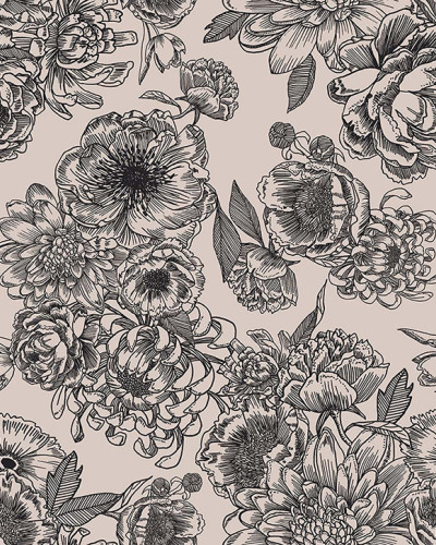Tapet floral negru cu flori vintage imprimate pe un fundal alb,  pe peretele unui dormitor.