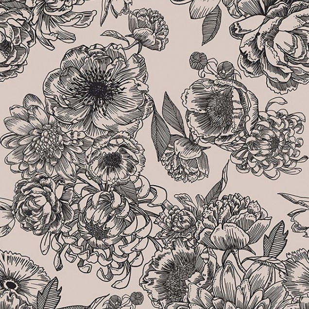 Tapet floral negru cu flori vintage imprimate pe un fundal alb,  pe peretele unui dormitor.