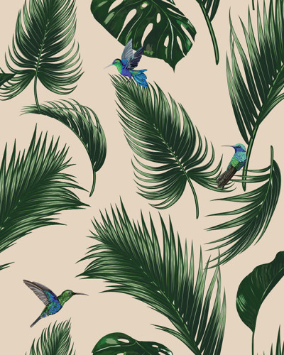 Tapet Jungle Sable cu frunze tropicale luxuriante și colibri eleganți.