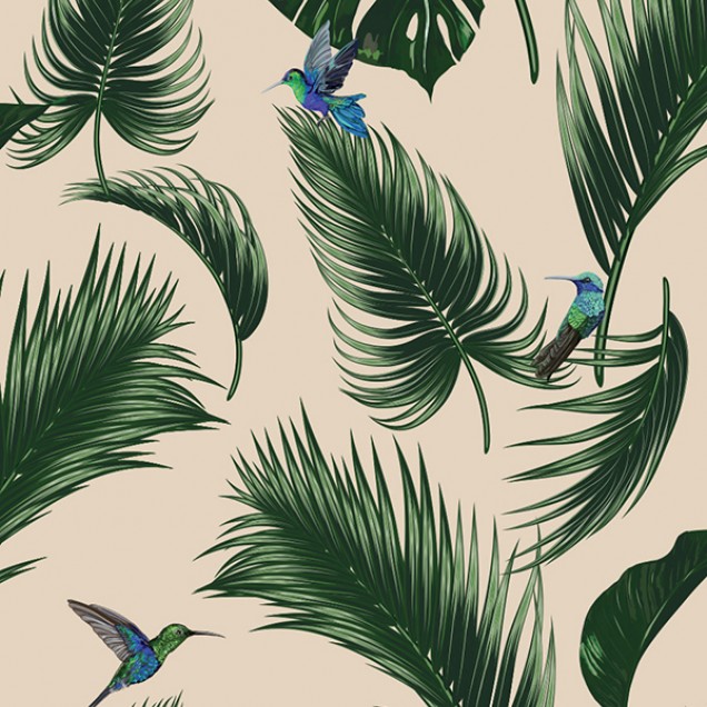 Tapet Jungle Sable cu frunze tropicale luxuriante și colibri eleganți.