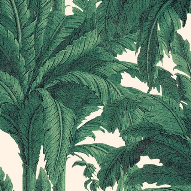 Tapet cu frunze tropicale in nuante de verde si roz pal.