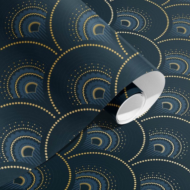 Tapet cu model geometric Art Deco in nuante de albastru cobalt si aur