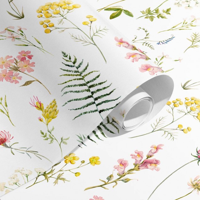 Tapet floral alb cu un model delicat de flori și frunze, perfect pentru un living, dormitor sau birou.