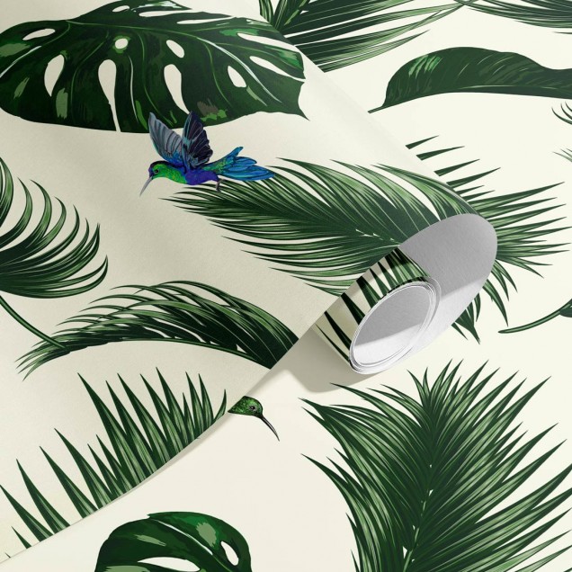 Tapet Jungle Blanc Craie cu frunze tropicale verzi pe un fond alb