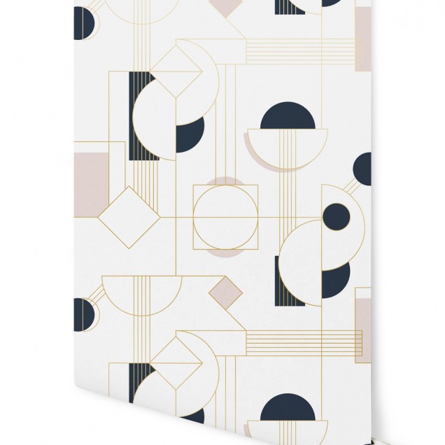 Tapet Daisy, Rose Doré, cu model geometric modern,  în nuanțe de roz pal și bleumarin cu accente aurii.