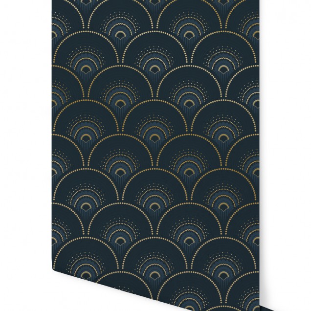 Tapet cu model geometric Art Deco in nuante de albastru cobalt si aur