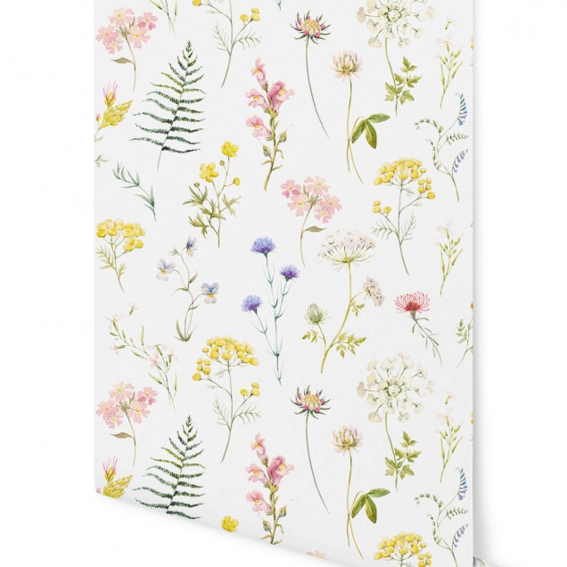 Tapet floral alb cu un model delicat de flori și frunze, perfect pentru un living, dormitor sau birou.