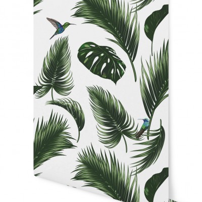 Tapet Jungle Blanc Craie cu frunze tropicale verzi pe un fond alb