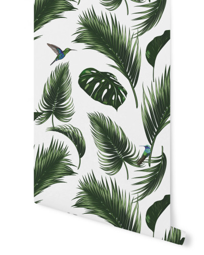 Tapet Jungle Blanc Craie cu frunze tropicale verzi pe un fond alb