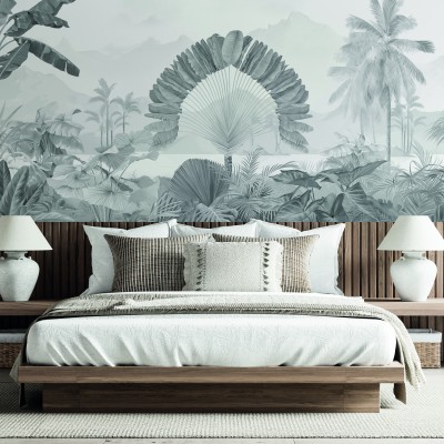 Tapet cu design tropical Amazonia, Grisaille, PaperMint, in tonuri de gri,  cu frunze tropicale, montat in dormitor