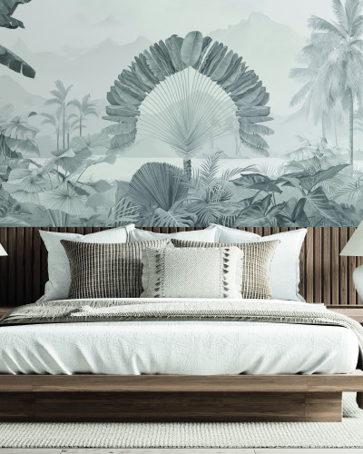 Tapet cu design tropical Amazonia, Grisaille, PaperMint, in tonuri de gri,  cu frunze tropicale, montat in dormitor