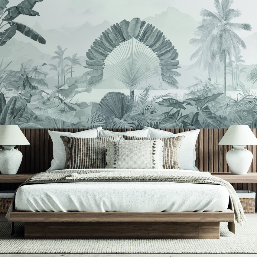 Tapet cu design tropical Amazonia, Grisaille, PaperMint, in tonuri de gri,  cu frunze tropicale, montat in dormitor