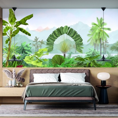 Tapet Amazonia, Naturel, PaperMint, cu un design exotic care include palmieri, frunze verzi si un lac albastru.