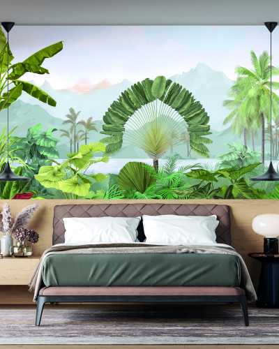 Tapet Amazonia, Naturel, PaperMint, cu un design exotic care include palmieri, frunze verzi si un lac albastru.