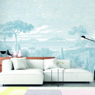 Fototapet cu peisaj marin in tonuri pastelate de albastru, cu copaci si pasari, perfect pentru decorarea unui living.