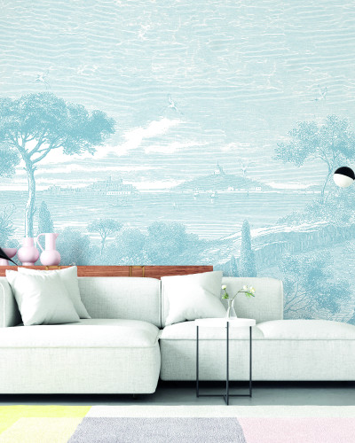 Fototapet cu peisaj marin in tonuri pastelate de albastru, cu copaci si pasari, perfect pentru decorarea unui living.