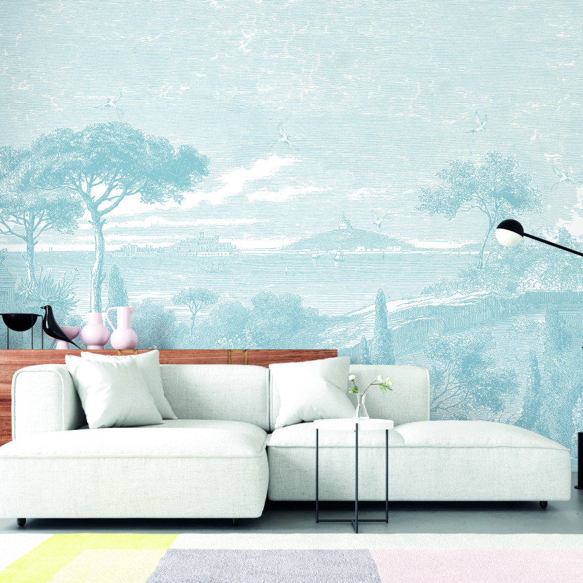 Fototapet cu peisaj marin in tonuri pastelate de albastru, cu copaci si pasari, perfect pentru decorarea unui living.