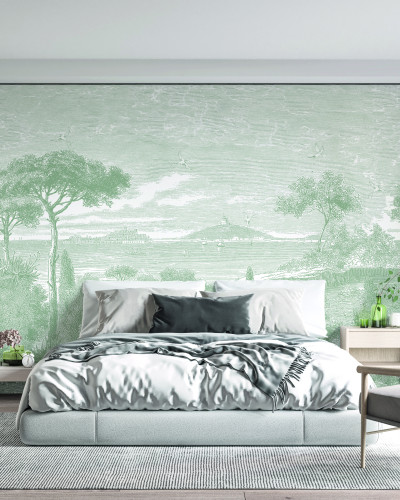 Tapet Bord de Mer, Vert Pastel, PaperMint, cu design minimalist, verde si alb, perfect pentru dormitor