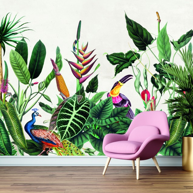Tapet tropical cu pasari si frunze, Borneo, Tropical Green, PaperMint