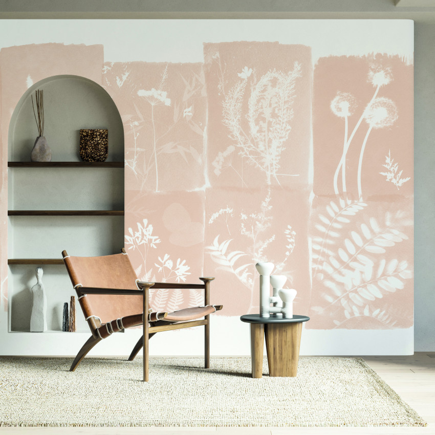 Wallpaper cu un design vintage de plante alb-negru, perfect pentru living, dormitor sau birou.