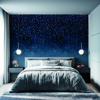 Tapet dormitor Étoiles, Dark Blue, PaperMint cu stele albe pe un fundal albastru închis