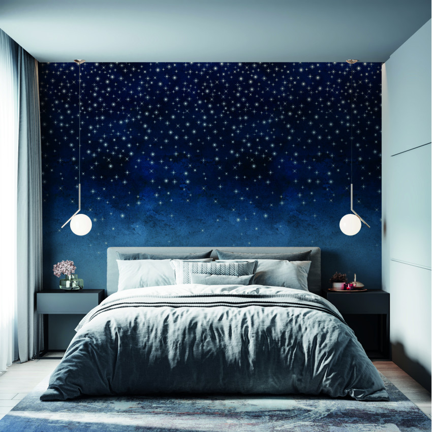 Tapet dormitor Étoiles, Dark Blue, PaperMint cu stele albe pe un fundal albastru închis