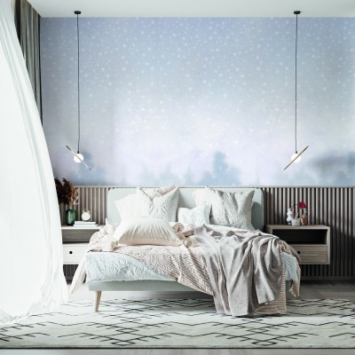 Tapet cu stele albe delicate pe un fundal albastru deschis, perfect pentru o dormitor modernă