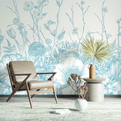 Tapet cu flori albastre, design floral delicat, pe un fundal alb.