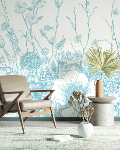 Tapet cu flori albastre, design floral delicat, pe un fundal alb.
