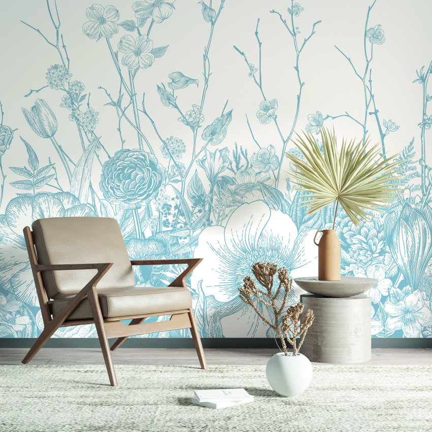 Tapet cu flori albastre, design floral delicat, pe un fundal alb.