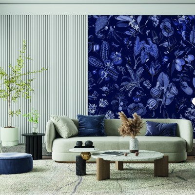 Tapet floral albastru inchis, Jardin d'Autrefois, Bleu de Minuit