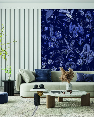 Tapet floral albastru inchis, Jardin d'Autrefois, Bleu de Minuit