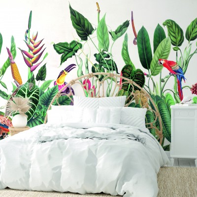 Tapet tropical cu pasari si frunze, Borneo, Tropical Green, PaperMint