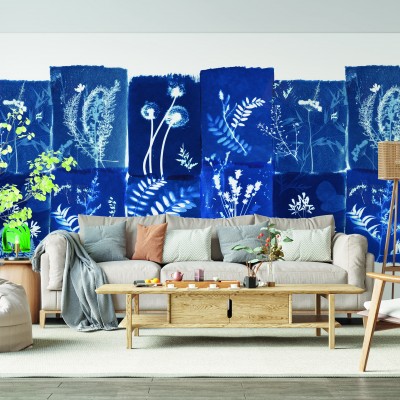 Wallpaper cu un design vintage de plante alb-negru, perfect pentru living, dormitor sau birou.
