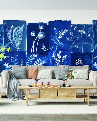 Wallpaper cu un design vintage de plante alb-negru, perfect pentru living, dormitor sau birou.