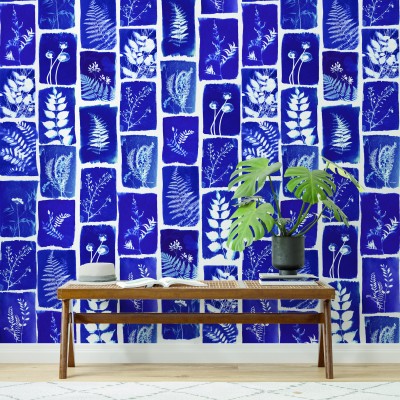 Tapet cu design botanic modern, în nuanțe de albastru.