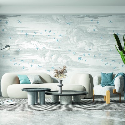 Tapet Envolée, Bleu Perle - Fond Grisaille, cu un design minimalist de păsări ce zboară pe un fundal gri deschis.